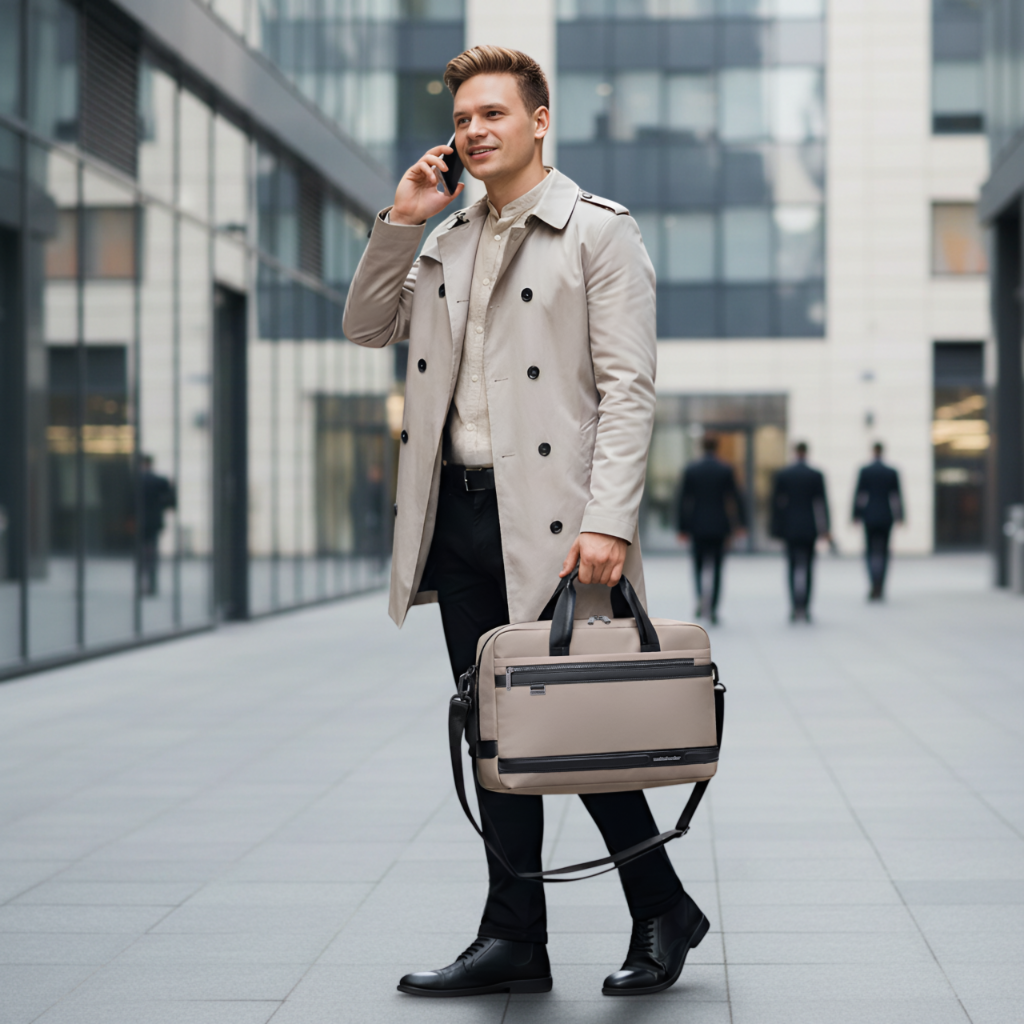 Torba na ramię w kolorze cappuccino stylowa elegancka do pracy laptop 15,6
