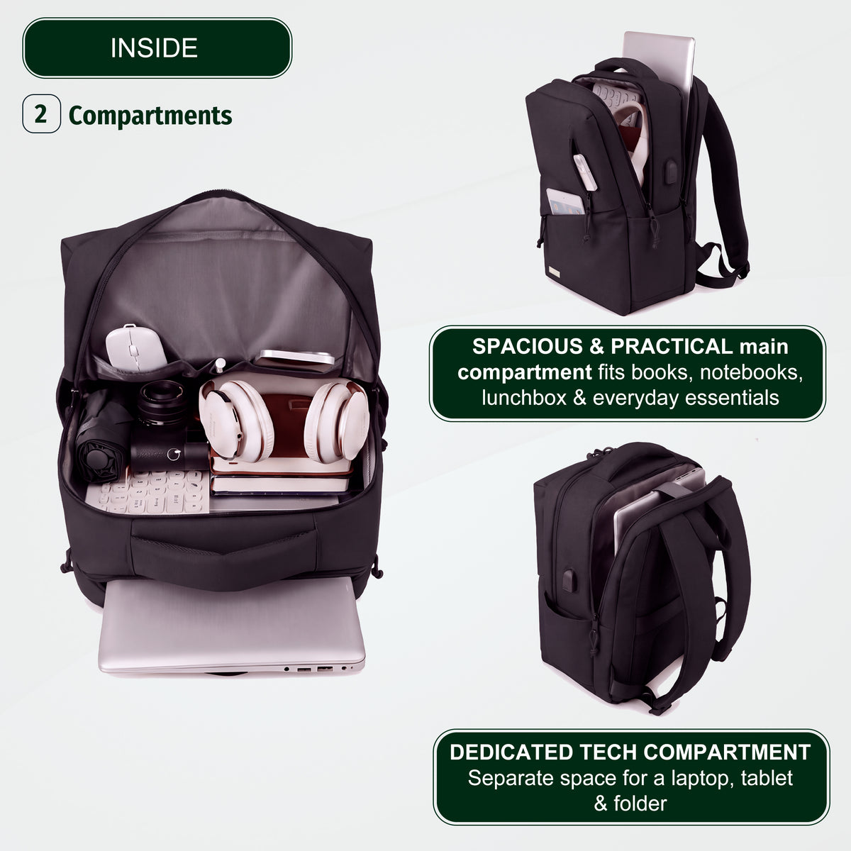 Youth School & College Backpack VIO | Fits 15.6 Laptop A4 | Built-In USB Port | Ryanair & Wizz Air Carry-On For Campus, University & Travel | Water-Resistant – Black