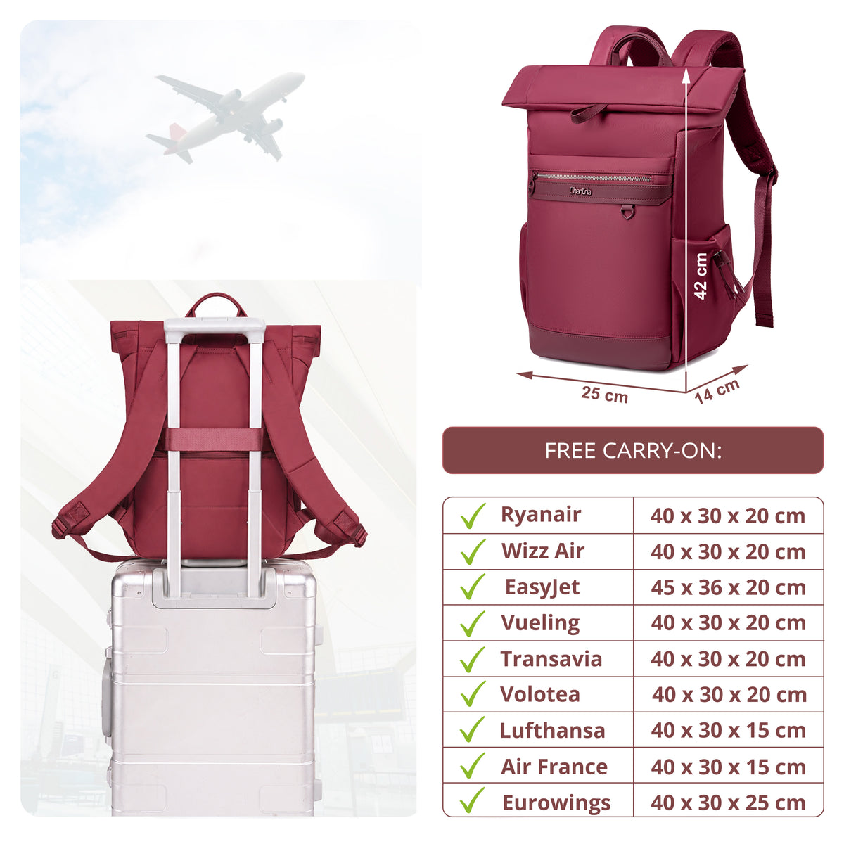 Plecak rolltop damski Chantria | 12 kieszeni | Laptop 15.6", iPad, A4 | Pas na walizkę – Malinowy