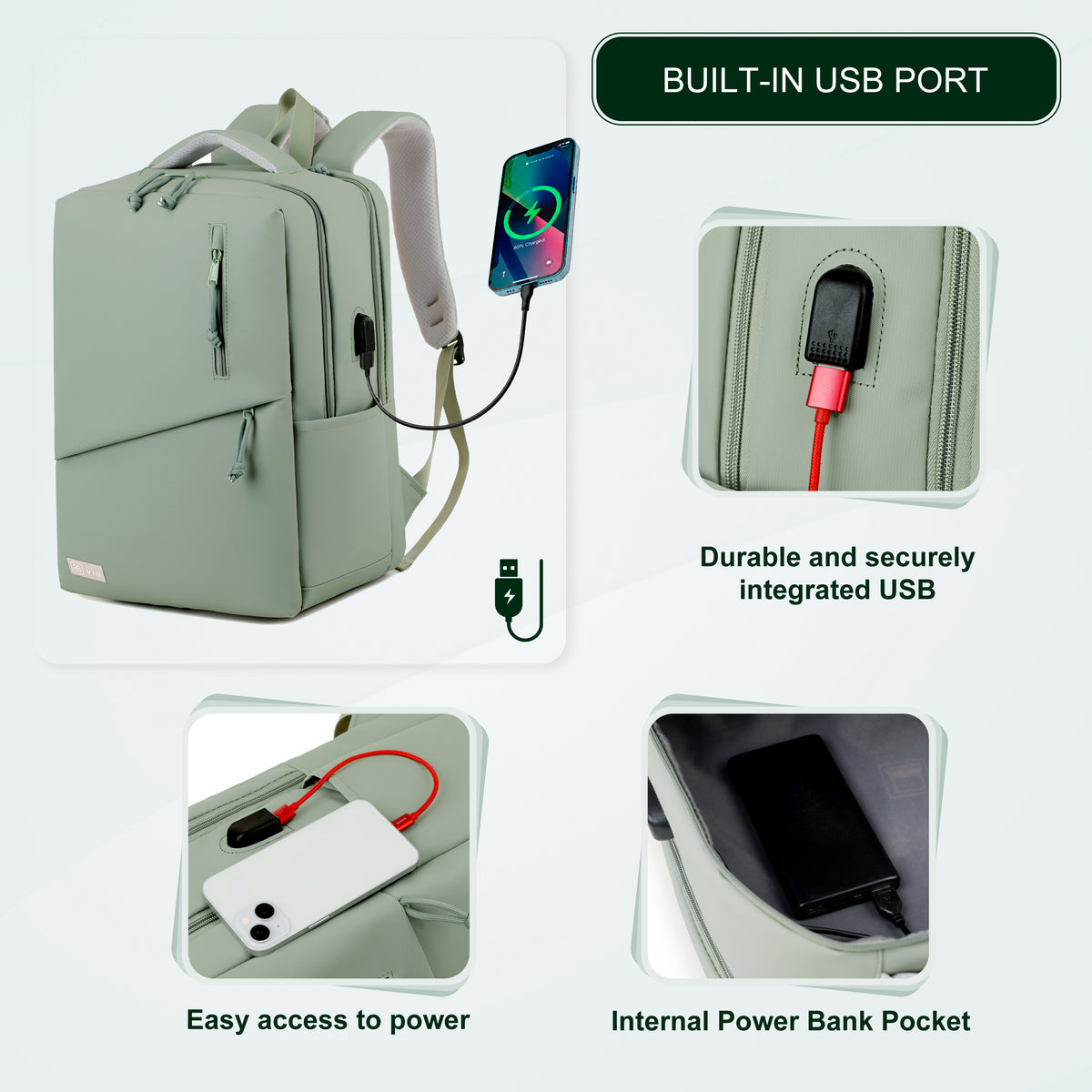 Youth School & College Backpack VIO | Fits 15.6 Laptop A4 | Built-In USB Port | Ryanair & Wizz Air Carry-On For Campus, University & Travel | Water-Resistant – Green