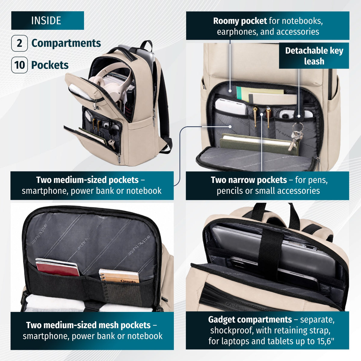 Funkcjonalny plecak do pracy i w podróż służbową Arctic Hunter | Laptop 15.6" | 17 Kieszeni – Beżowy