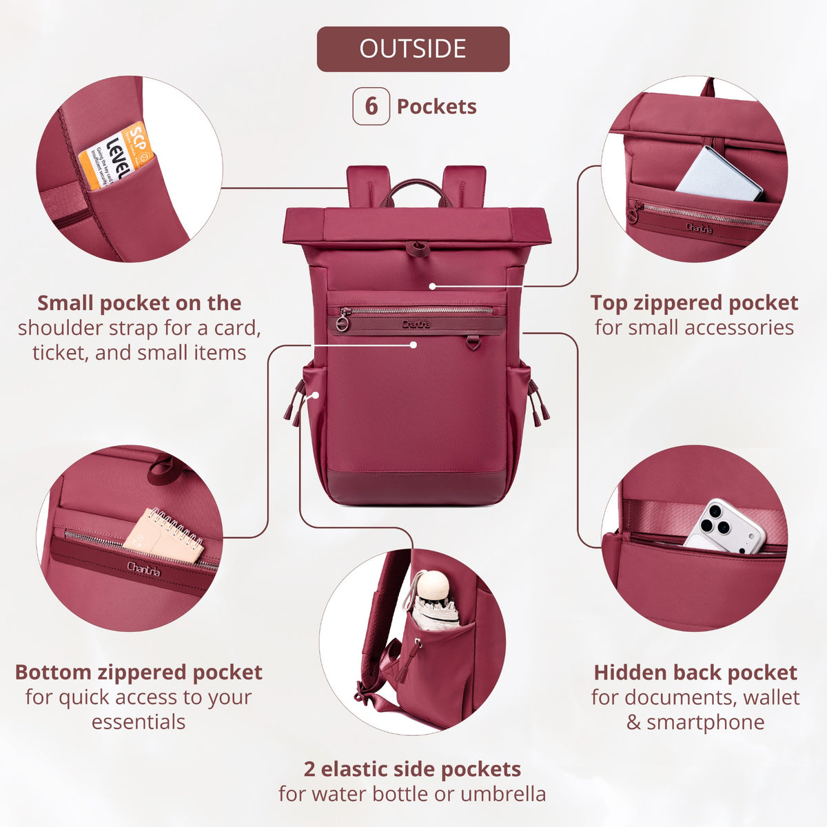 Plecak rolltop damski Chantria | 12 kieszeni | Laptop 15.6", iPad, A4 | Pas na walizkę – Malinowy