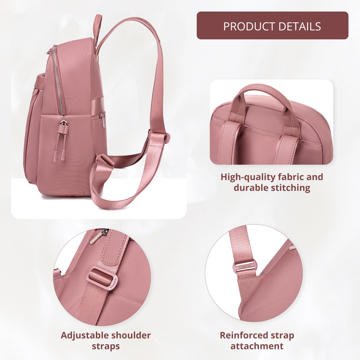 Compact Women's City Backpack Chantria Elegant | Fits iPad & Essentials | With Clip-On Earbuds Case | Smart Pockets | Luggage Strap – Antique Rose