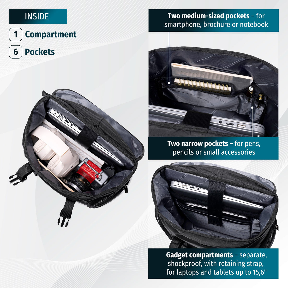 Men's Urban Flap Backpack with Buckles | 15.6" Laptop | Luggage Strap | Organizer 8 Pockets – Black