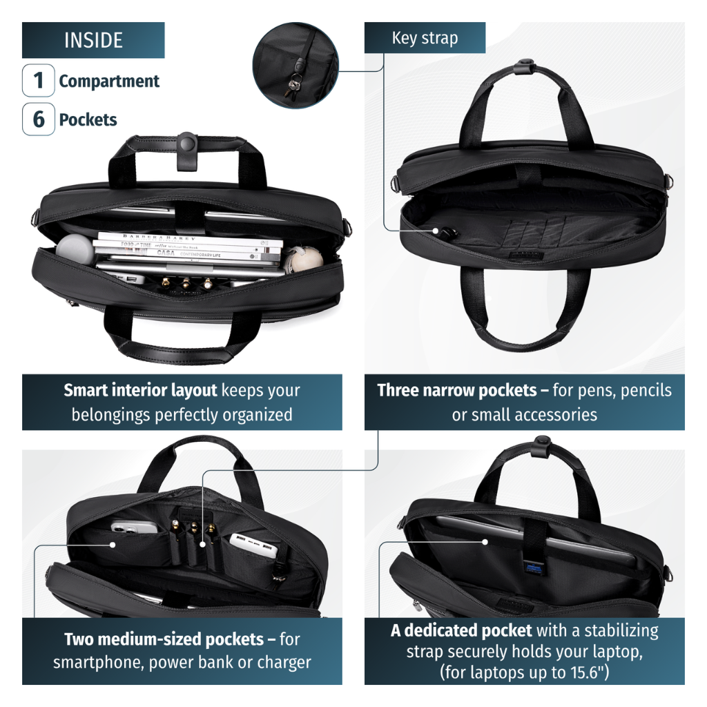 15.6" Laptop Shoulder Bag | Luggage Strap | Water-Resistant | Business Briefcase - Black