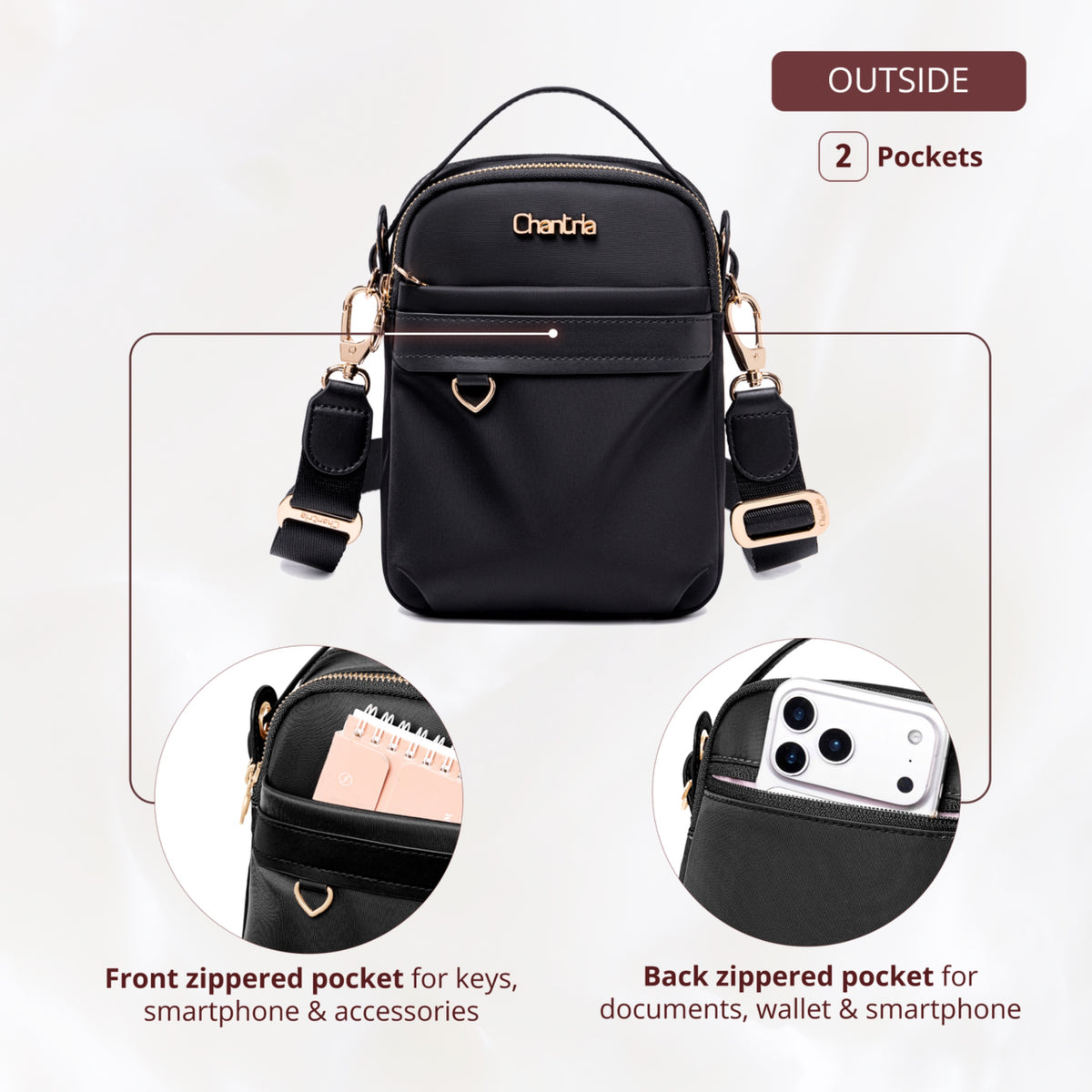 Women's Crossbody Shoulder Bag Chantria | For Phone, Documents and Essentials | Waterproof Nylon – Black