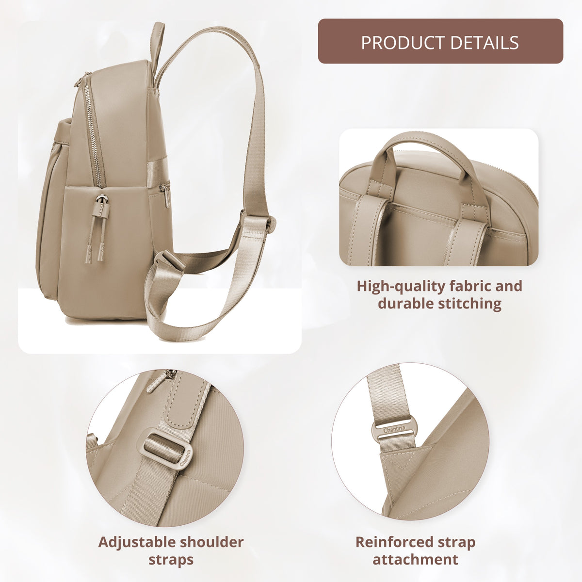 Compact Women's City Backpack Chantria Elegant | Fits iPad & Essentials | With Clip-On Earbuds Case | Smart Pockets | Luggage Strap – Beige
