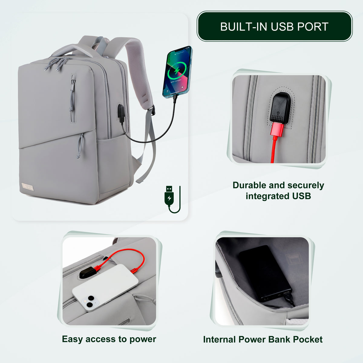 Youth School & College Backpack VIO | Fits 15.6 Laptop A4 | Built-In USB Port | Ryanair & Wizz Air Carry-On For Campus, University & Travel | Water-Resistant – Light Grey