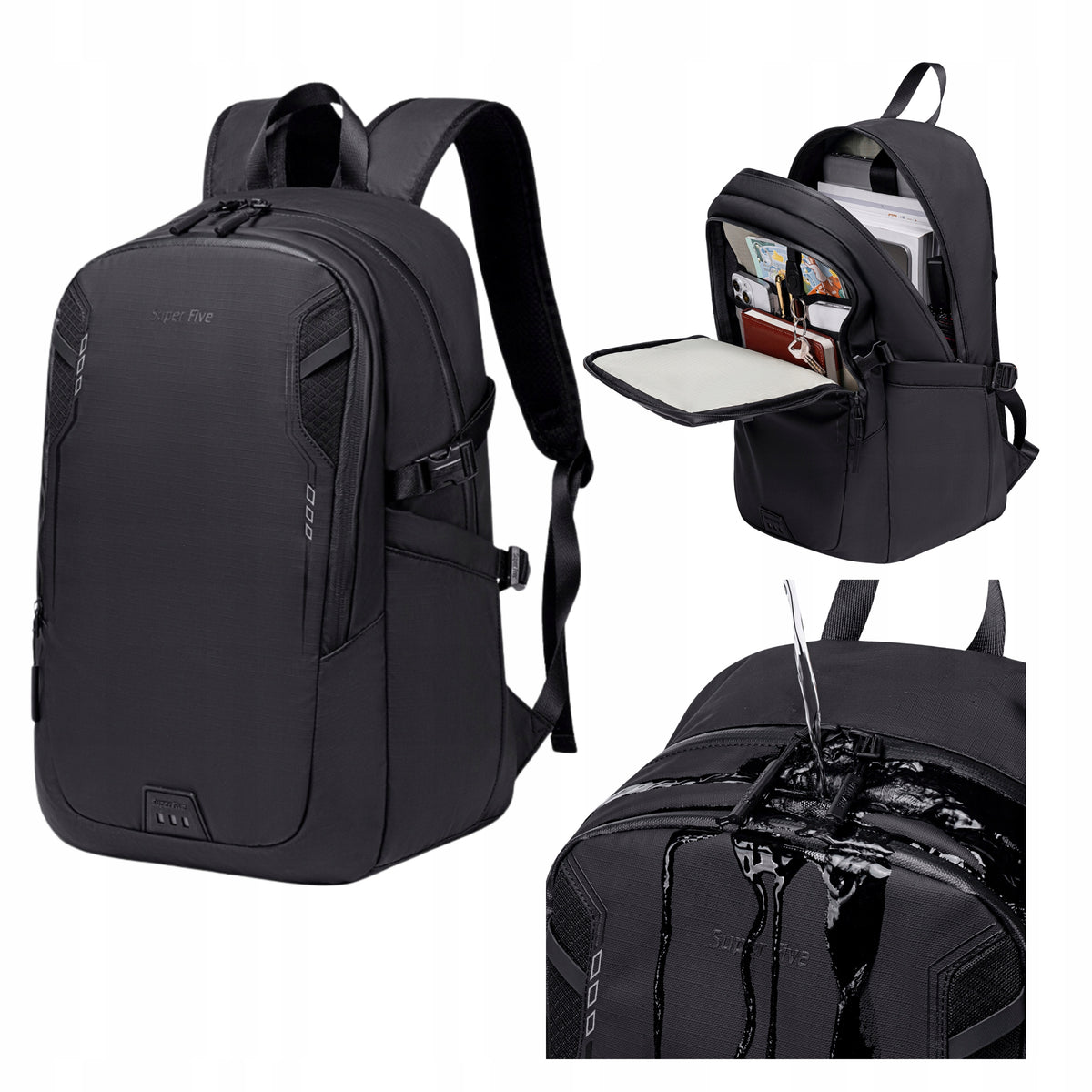 Czarny plecak miejski młodzieżowy, do pracy i podróży, 22 l, na laptopa 15,6", wodoodporny. SUPER FIVE FB700 Black.