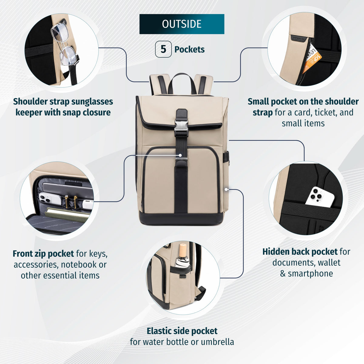 Nowoczesny plecak męski z klapą | Laptop 15.6" | Pasek na walizkę | Wiele kieszeni organizer – Beżowy