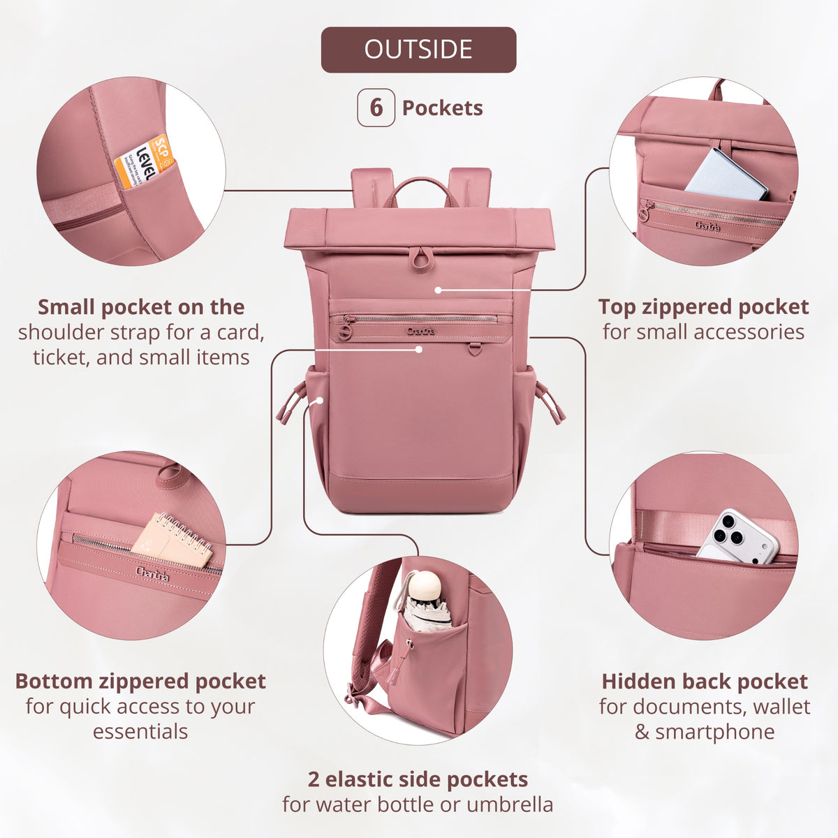 Plecak rolltop damski Chantria | 12 kieszeni | Laptop 15.6", iPad, A4 | Pas na walizkę – Antyczny róż