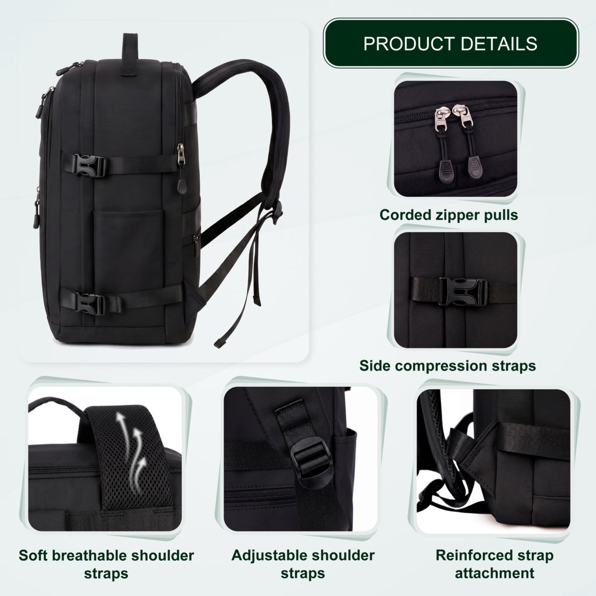 Cabin Travel Backpack | 40x30x20 Ryanair WizzAir | Expandable | Free Carry-On – Black