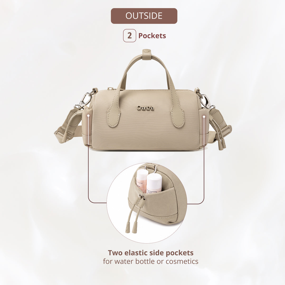 Women's Barrel Cylinder Shoulder Bag Chantria | For Phone, Documents and Essentials | Waterproof Nylon – Beige