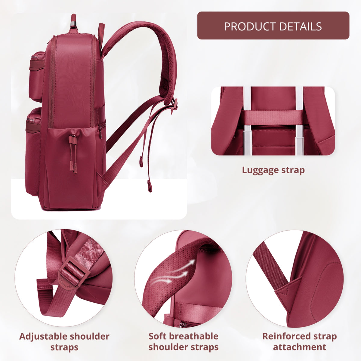 Chantria Women's Organizer Backpack | 2 Compartments, 15 Pockets | Fits 15.6" Laptop, iPad, A4 | Luggage Strap – Berry