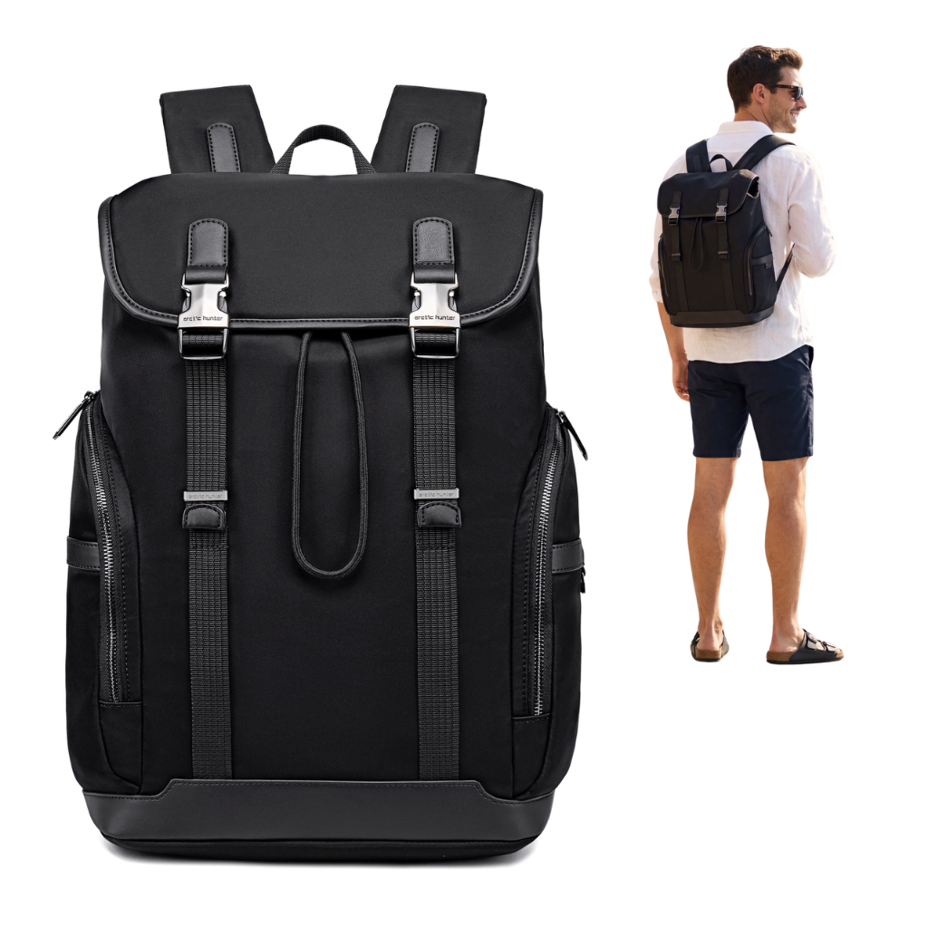 Men's Urban Flap Backpack with Buckles | 15.6" Laptop | Luggage Strap | Organizer 8 Pockets – Black
