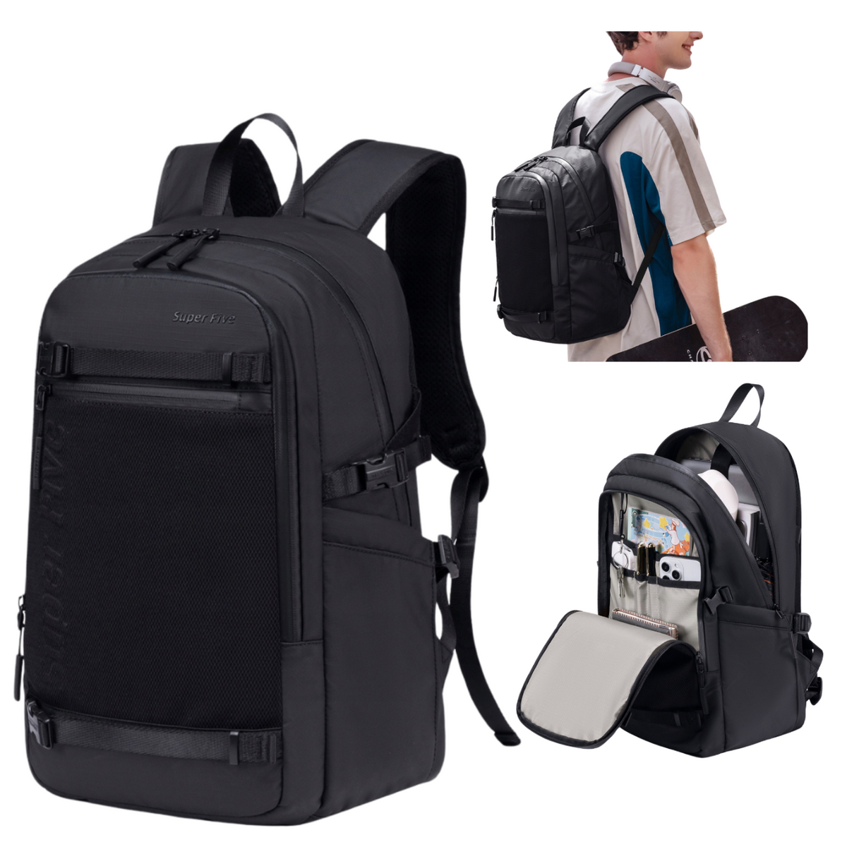 Czarny plecak miejski dla aktywnej młodzieży, 23 l, wodoodporny, na laptopa 15,6", podróżny. SUPER FIVE FB699 Black