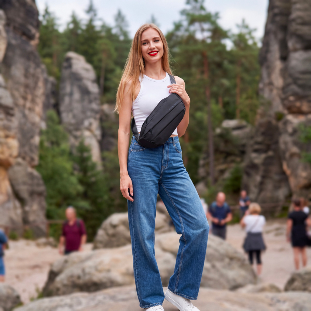 Torba saszetka na pas i ramię Arctic Hunter | 2 komory organizer | Dokumenty i smartfon – Czarna