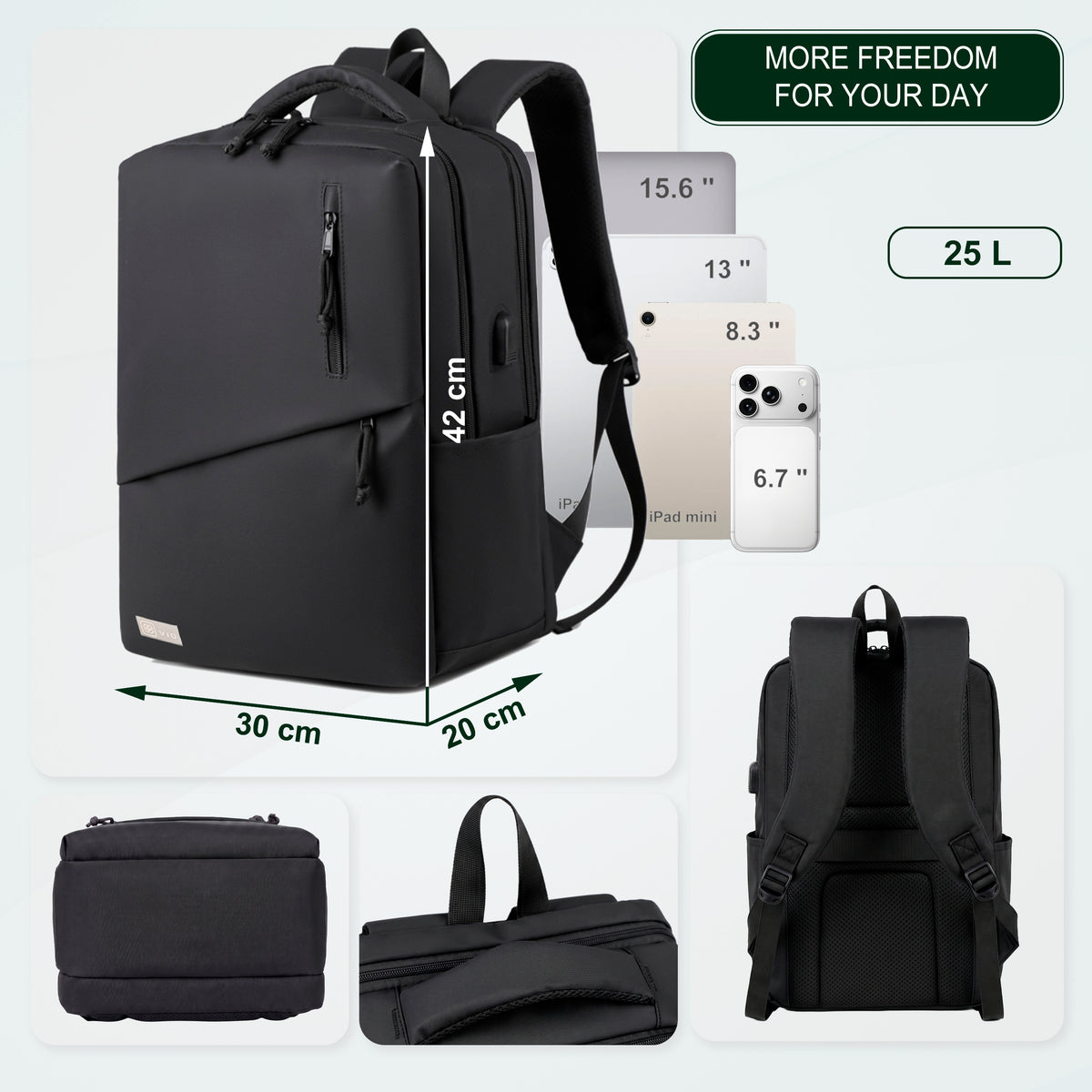 Youth School & College Backpack VIO | Fits 15.6 Laptop A4 | Built-In USB Port | Ryanair & Wizz Air Carry-On For Campus, University & Travel | Water-Resistant – Black