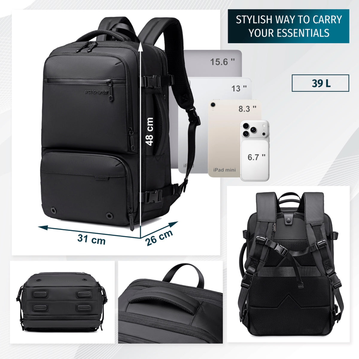 Modern Travel Backpack Arctic Hunter | Vacuum Compression Bag & Electric Pump | Spacious Storage | Laptop 15.6" - Black
