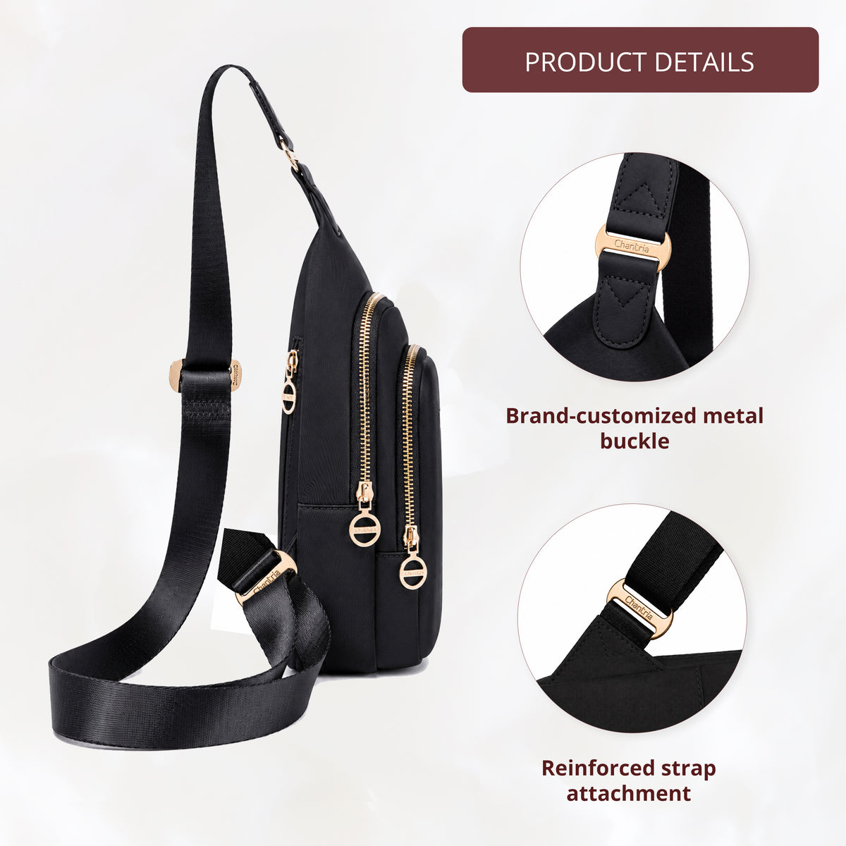 Women's Sling Chest Bag Crossbody Chantria | For Phone, Documents and Essentials | Hands-Free – Black