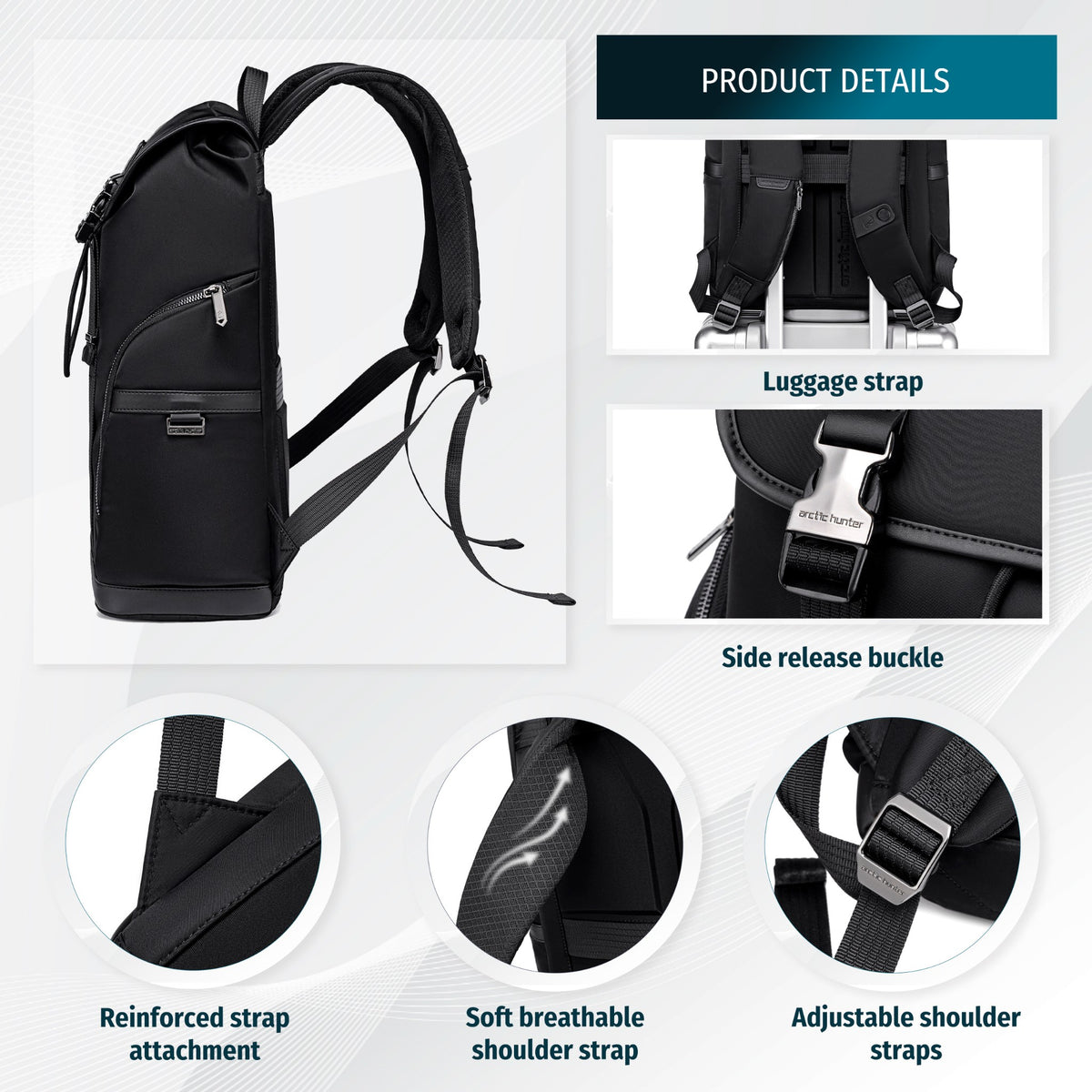 Men's Urban Flap Backpack with Buckles | 15.6" Laptop | Luggage Strap | Organizer 8 Pockets – Black