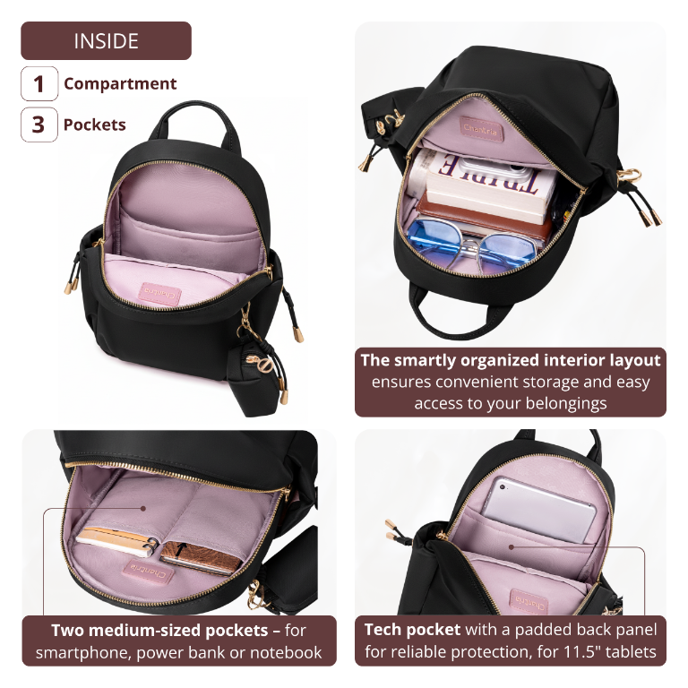 Women's Mini City Backpack Chantria Small & Lightweight | For Going Out & Walks | Fits iPad Phone & Cosmetics | With Keychain Pouch – Black