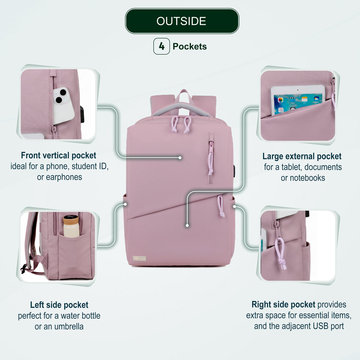 Youth School & College Backpack VIO | Fits 15.6 Laptop A4 | Built-In USB Port | Ryanair & Wizz Air Carry-On For Campus, University & Travel | Water-Resistant – Lilac