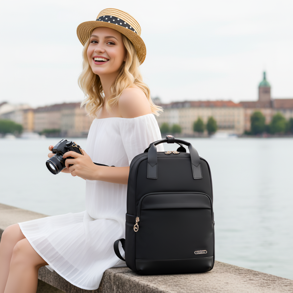 Plecak torba damska Chantria z podwójnym uchwytem | Na studia i do pracy | Na laptopa 15.6 A4 | Bagaż podręczny Ryanair Wizzair – Czarny