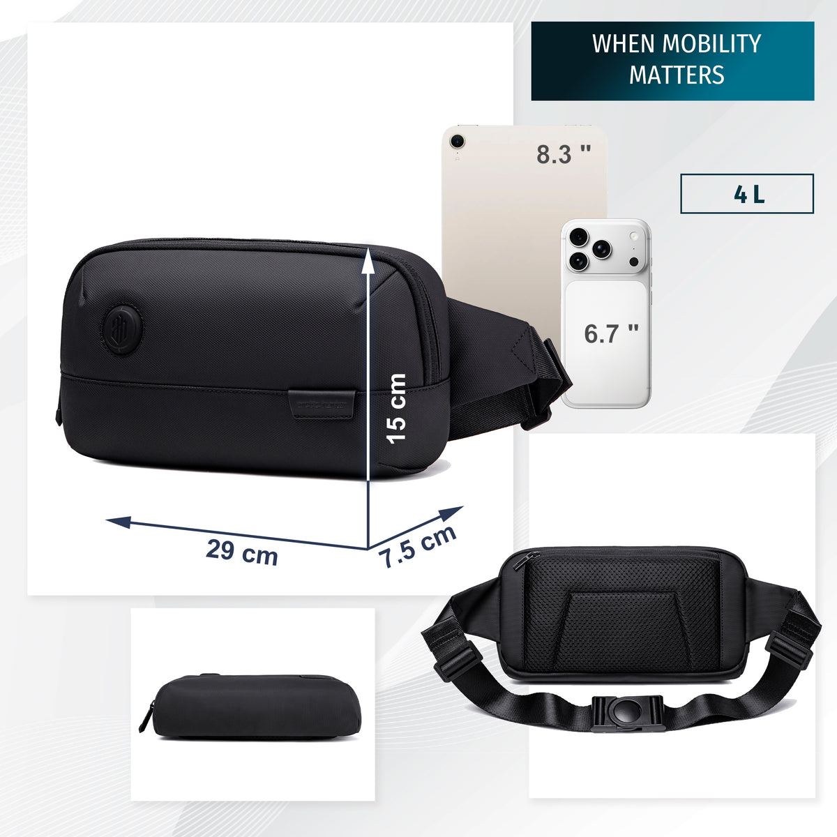 Crossbody Sling Waist Bag Arctic Hunter | Phone & Documents | Sport & Cycling Style – Black