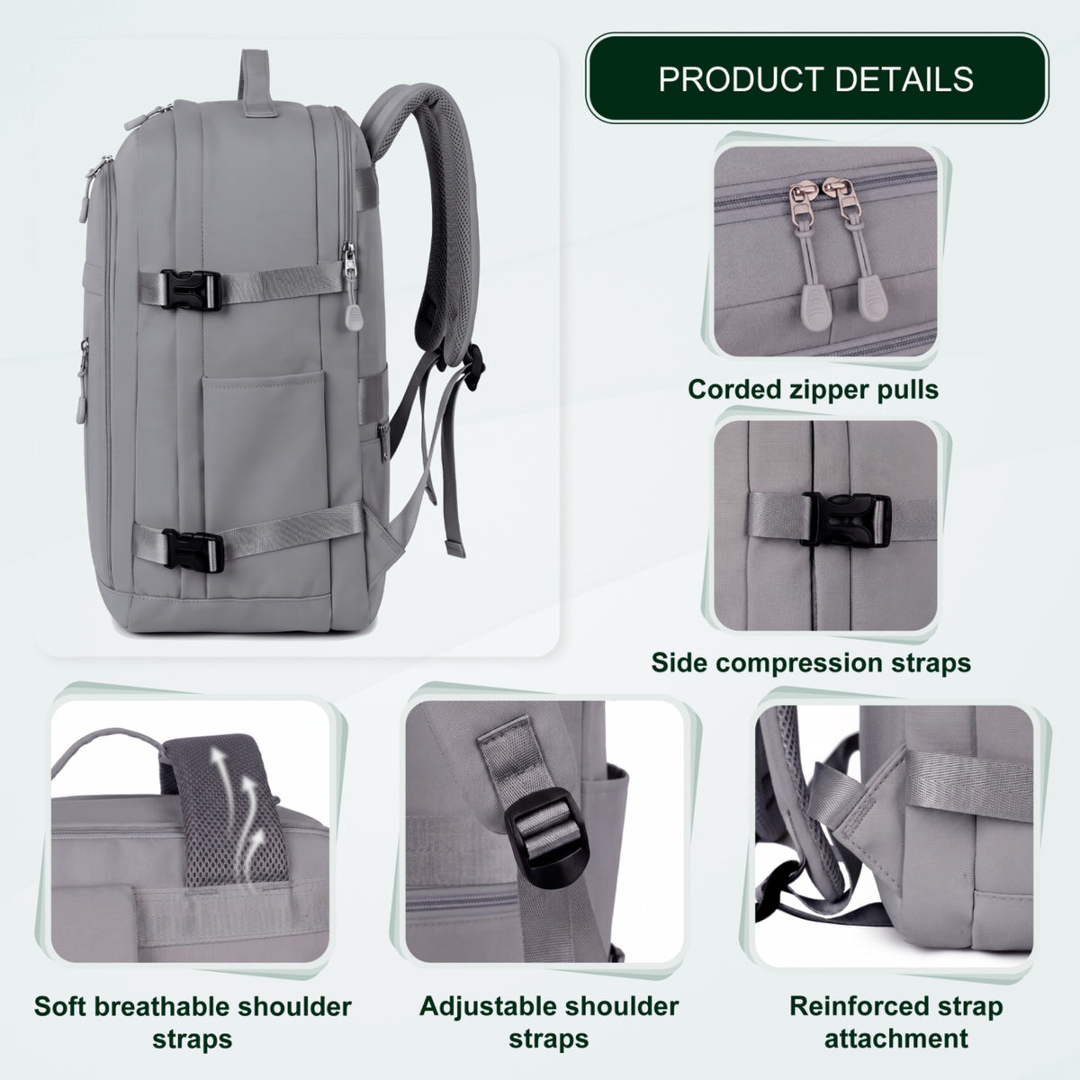 Cabin Travel Backpack | 40x30x20 Ryanair WizzAir | Expandable | Free Carry-On – Grey