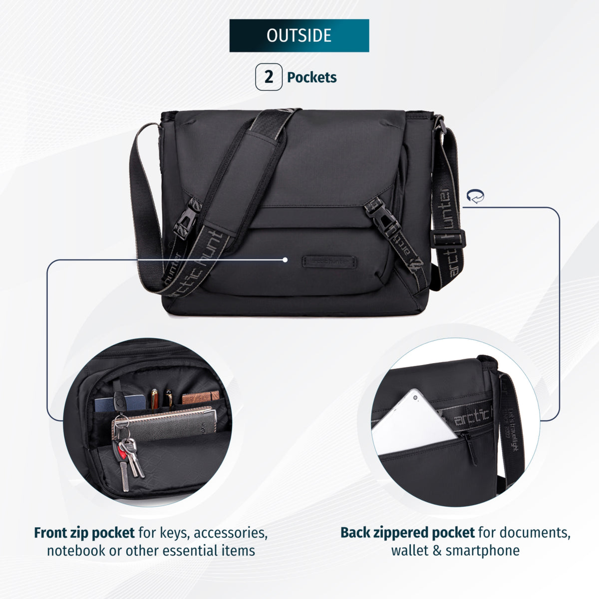 Spacious Crossbody Messenger Bag Arctic Hunter | 12" Tablet  A4 | Sport & Everyday Casual – Black