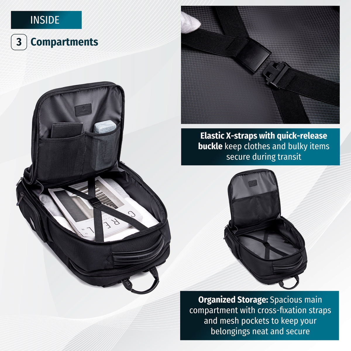 Miejski plecak biznesowy Arctic Hunter | Duży Laptop 17" | Pasek na walizkę | Komora podróżna 180° – Czarny