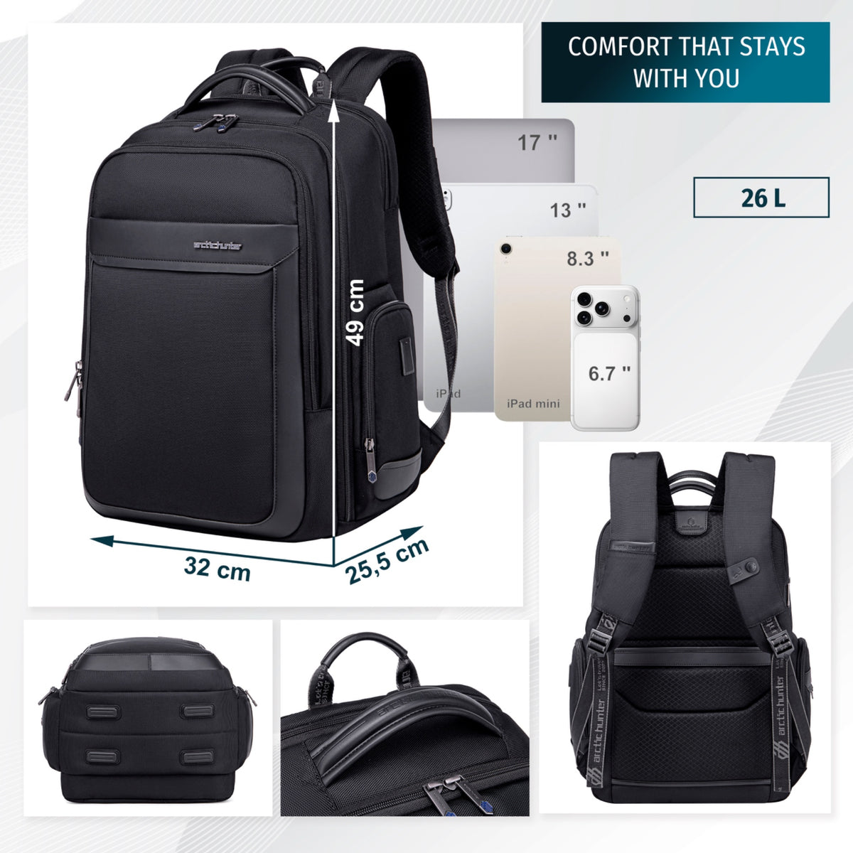 Miejski plecak biznesowy Arctic Hunter | Duży Laptop 17" | Pasek na walizkę | Komora podróżna 180° – Czarny