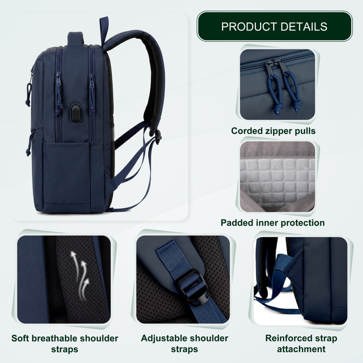 Youth School & College Backpack VIO | Fits 15.6 Laptop A4 | Built-In USB Port | Ryanair & Wizz Air Carry-On For Campus, University & Travel | Water-Resistant – Dark Blue