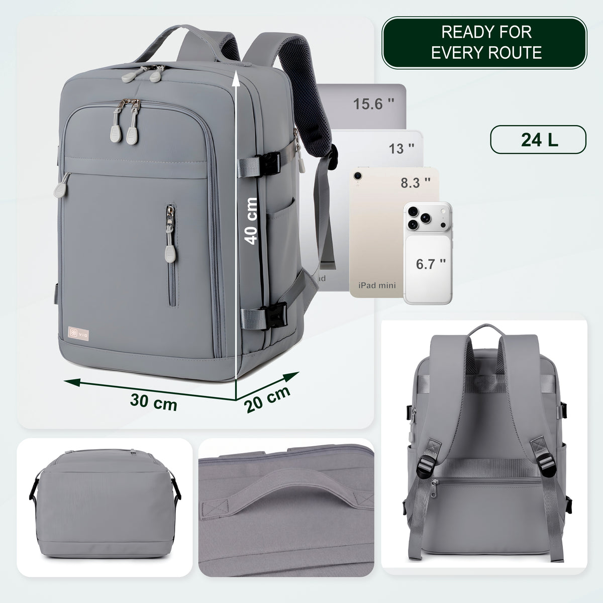 Cabin Travel Backpack | 40x30x20 Ryanair WizzAir | Expandable | Free Carry-On – Grey