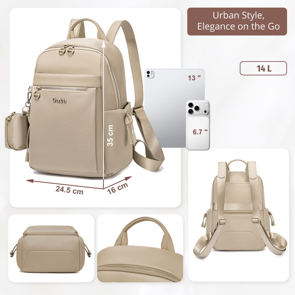 Compact Women's City Backpack Chantria Elegant | Fits iPad & Essentials | With Clip-On Earbuds Case | Smart Pockets | Luggage Strap – Beige