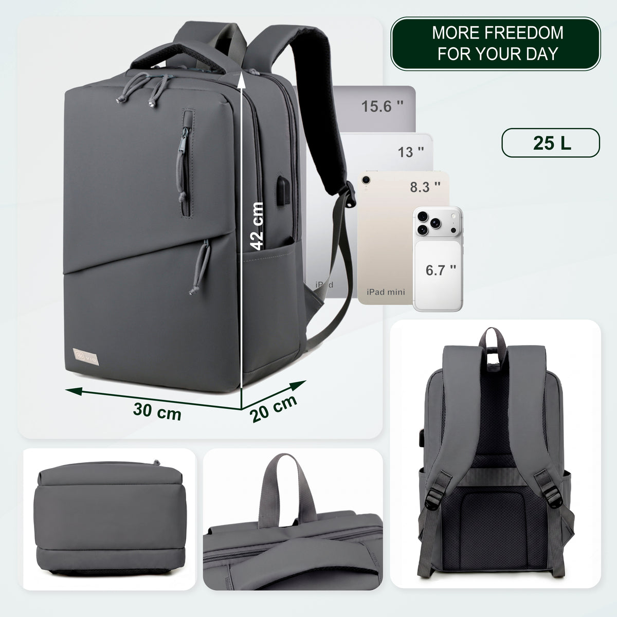 Youth School & College Backpack VIO | Fits 15.6 Laptop A4 | Built-In USB Port | Ryanair & Wizz Air Carry-On For Campus, University & Travel | Water-Resistant – Grey