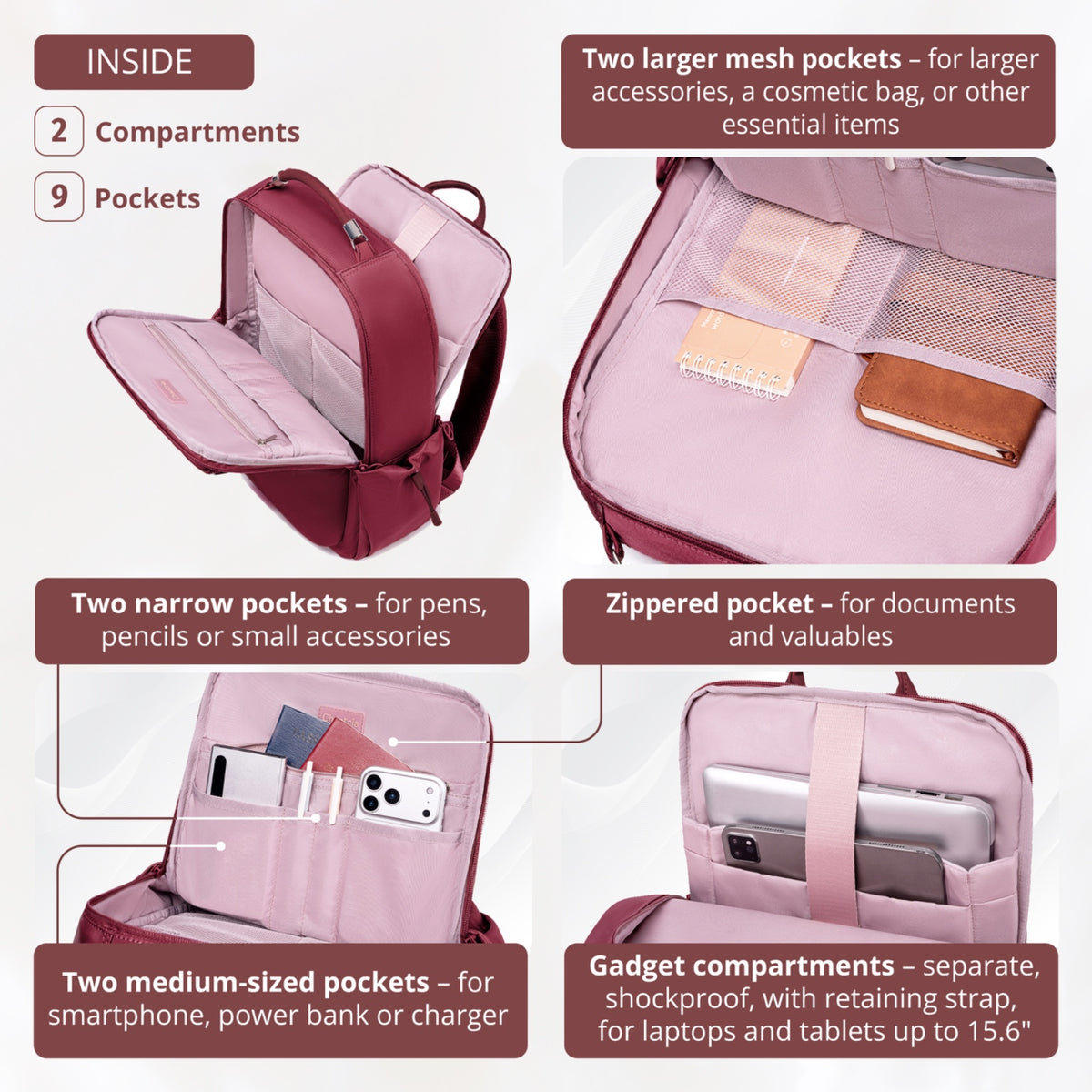 Chantria Women's Organizer Backpack | 2 Compartments, 15 Pockets | Fits 15.6" Laptop, iPad, A4 | Luggage Strap – Berry