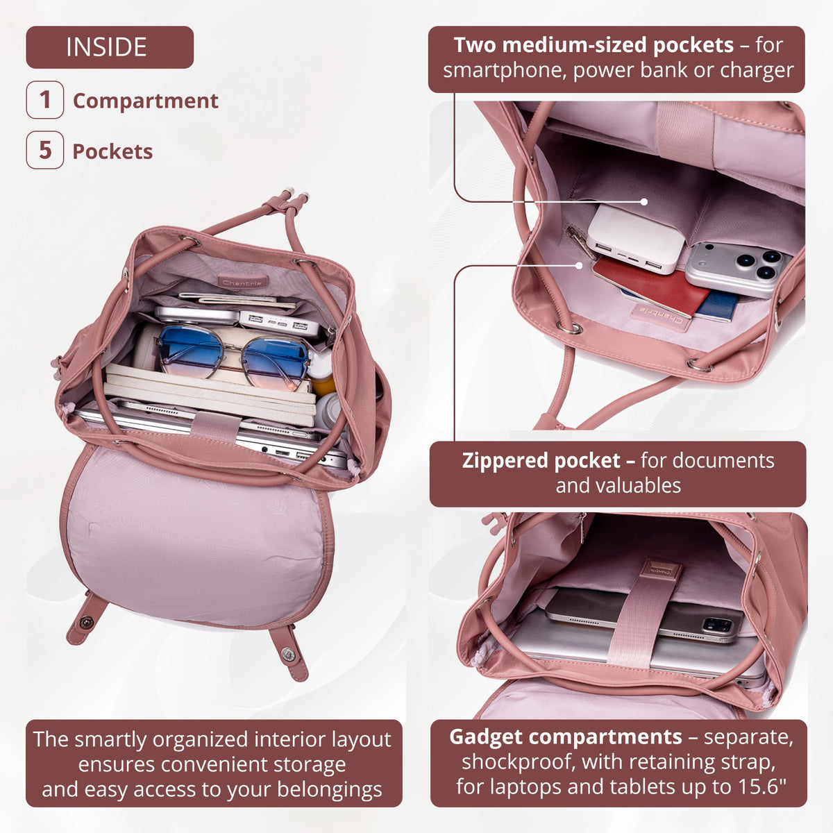 Plecak z klapą damski Chantria | 18L, 10 kieszeni | Laptop 15.6", iPad, A4 | Bezpłatny bagaż Ryanair, Wizz Air – Antyczny róż