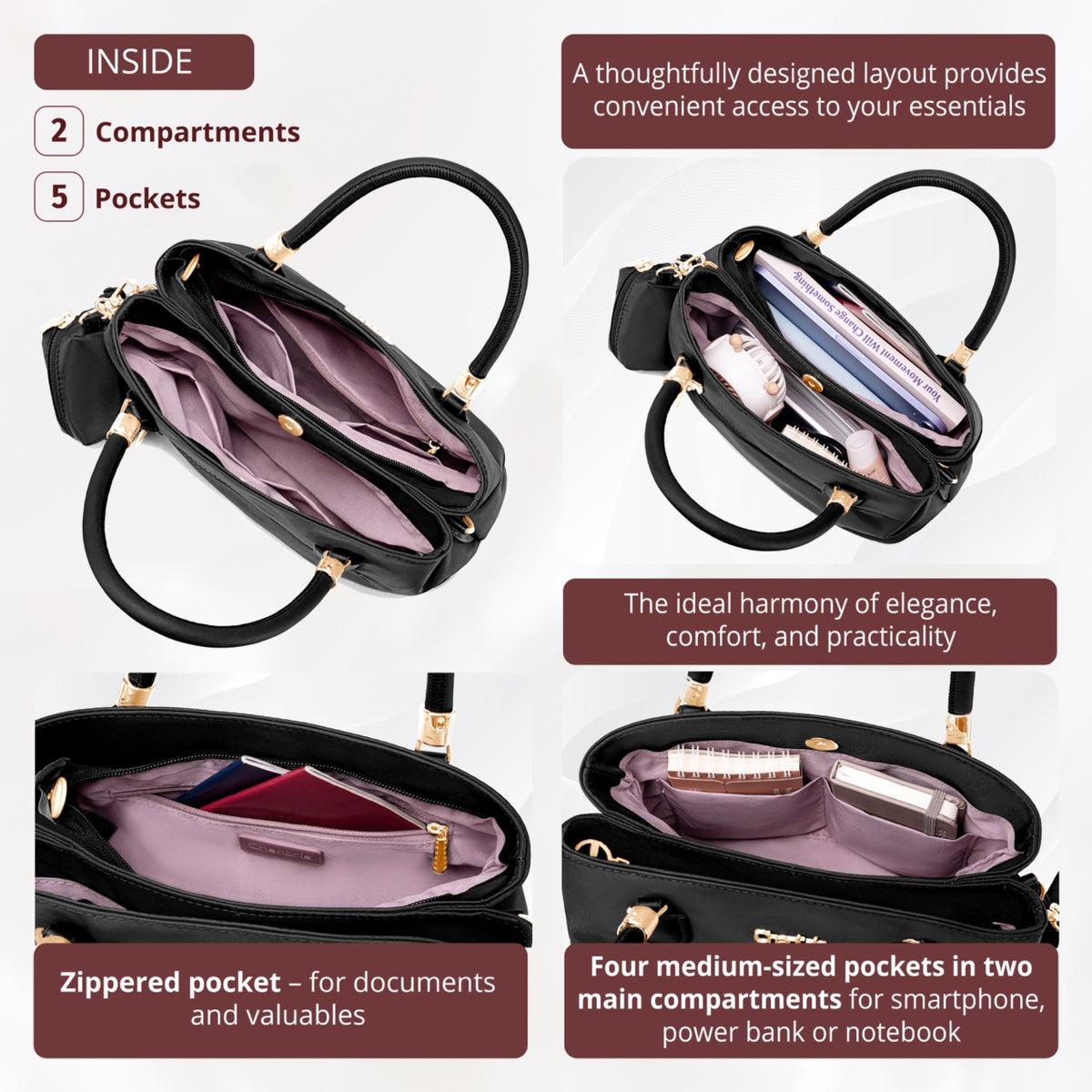 Women's Shoulder Bag Chantria | 2 Independent Compartments, Pockets & Earphone Case | Waterproof Nylon – Black
