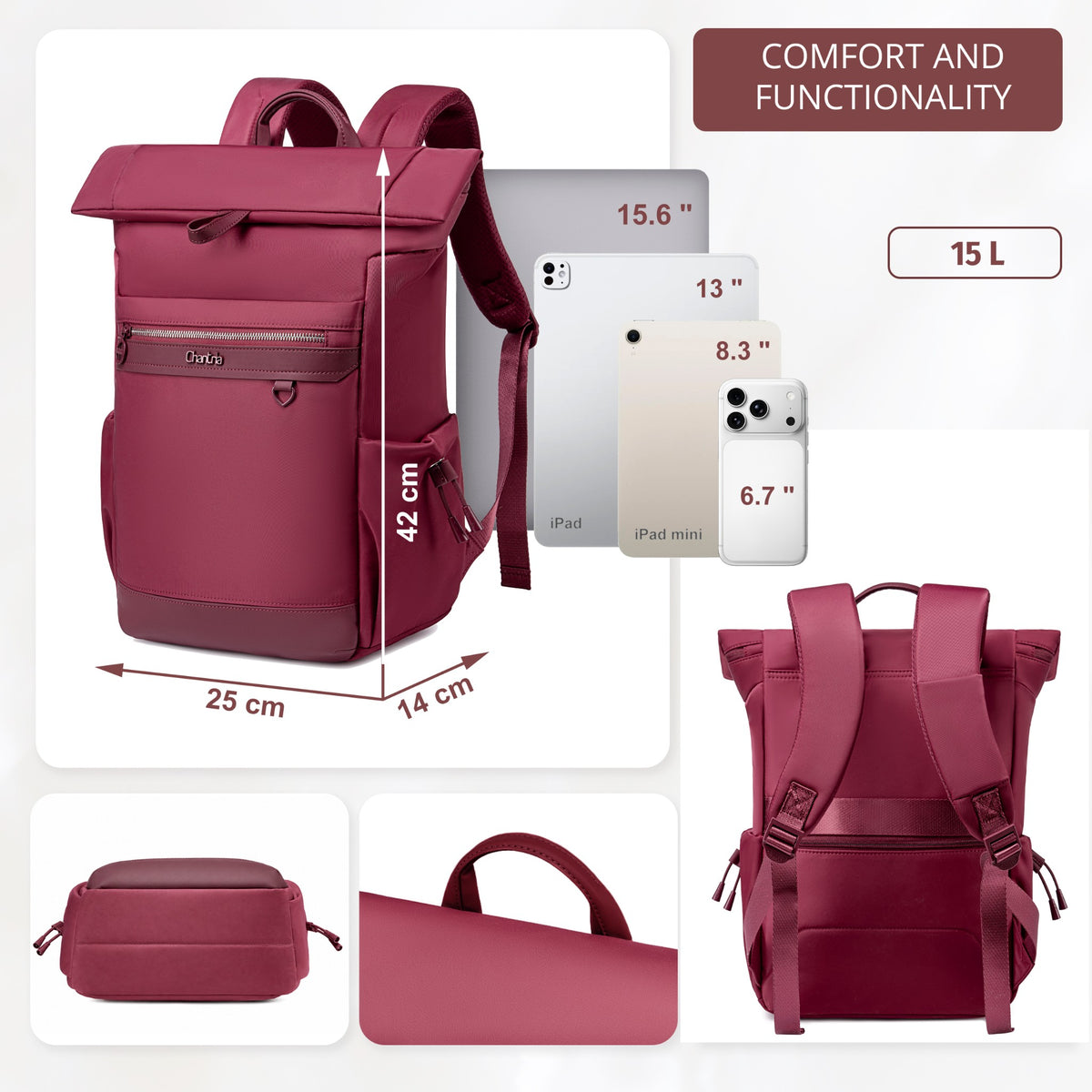 Plecak rolltop damski Chantria | 12 kieszeni | Laptop 15.6", iPad, A4 | Pas na walizkę – Malinowy