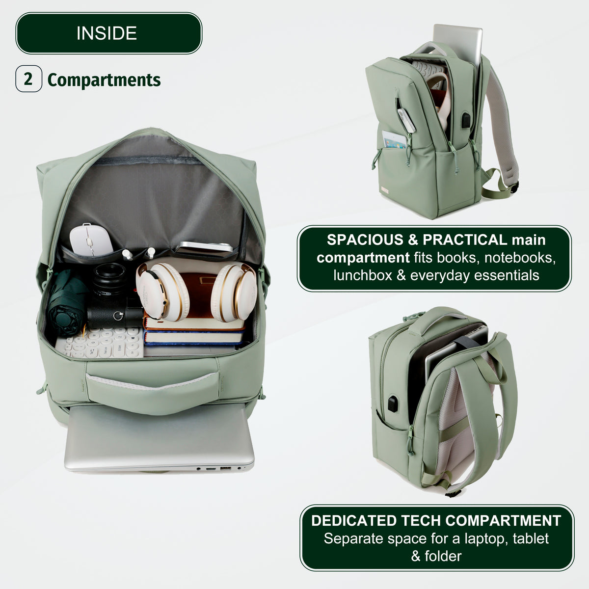 Youth School & College Backpack VIO | Fits 15.6 Laptop A4 | Built-In USB Port | Ryanair & Wizz Air Carry-On For Campus, University & Travel | Water-Resistant – Green
