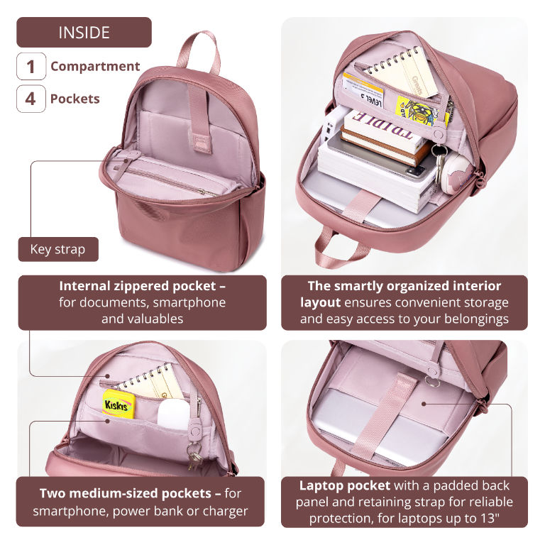 Women's Elegant City Backpack Chantria | Lightweight Water-Resistant | Fits MacBook iPad – Antique Rose