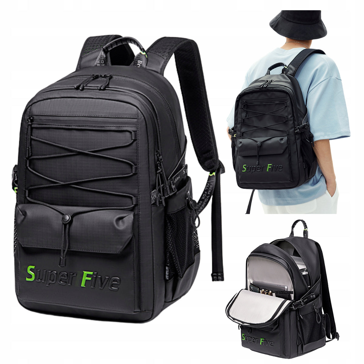 Czarny plecak miejski młodzieżowy, wodoodporny, na laptop 15,6", 23 l - na studia i podróże. SUPER FIVE FB522 Black.