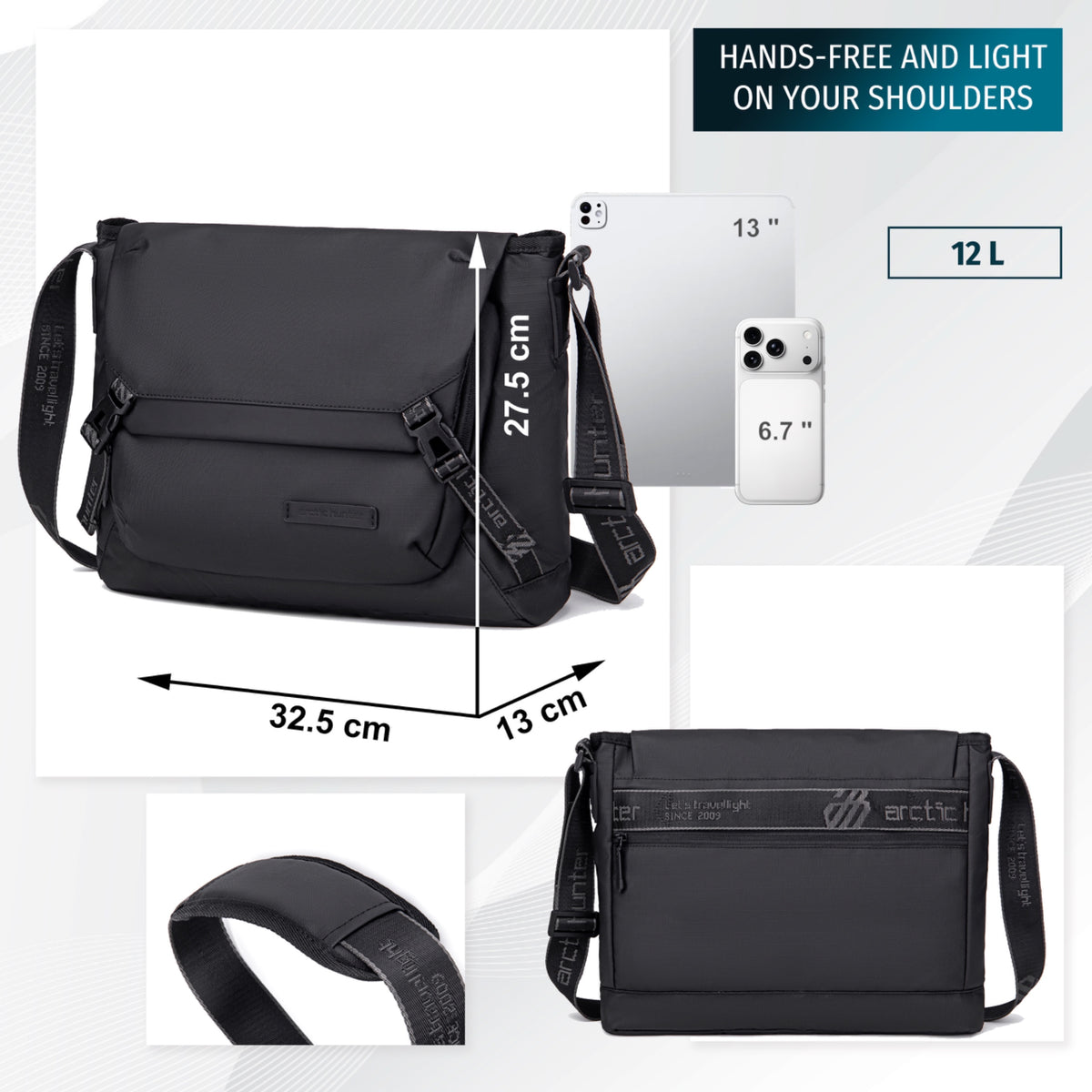 Spacious Crossbody Messenger Bag Arctic Hunter | 12" Tablet  A4 | Sport & Everyday Casual – Black