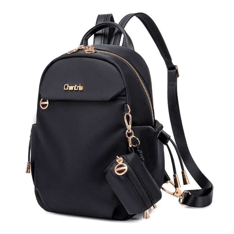 Women's Mini City Backpack Chantria Small & Lightweight | For Going Out & Walks | Fits iPad Phone & Cosmetics | With Keychain Pouch – Black