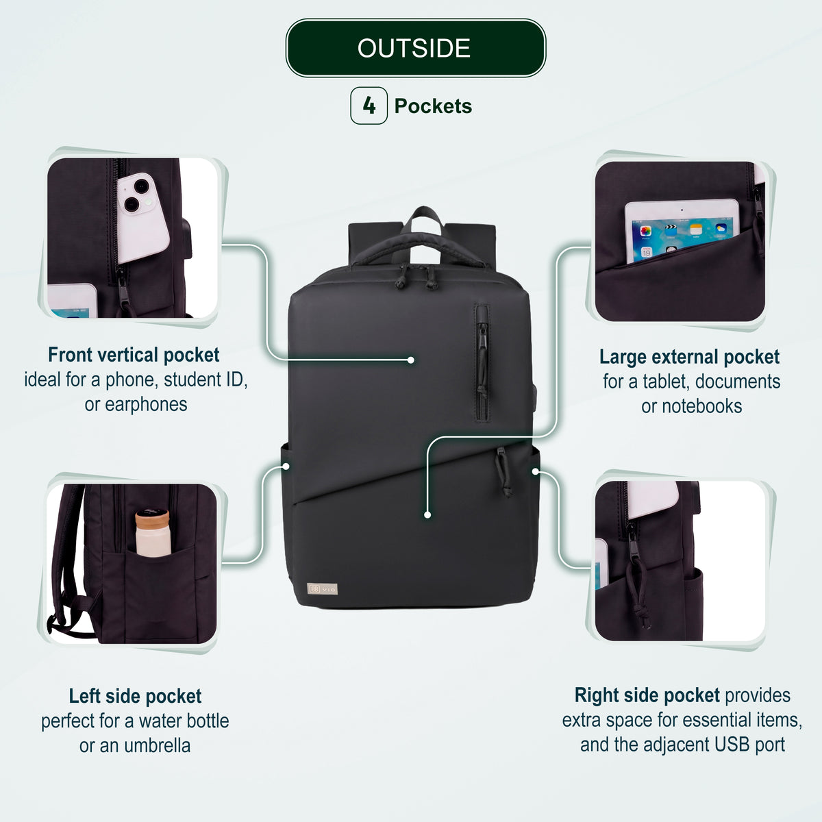 Youth School & College Backpack VIO | Fits 15.6 Laptop A4 | Built-In USB Port | Ryanair & Wizz Air Carry-On For Campus, University & Travel | Water-Resistant – Black