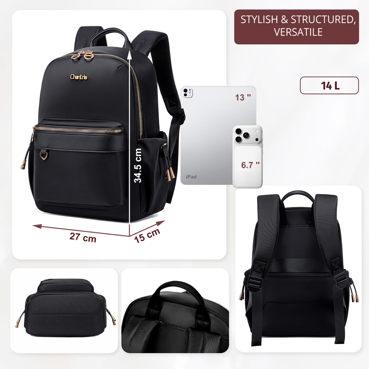 Women's City Backpack Chantria Elegant | Fits MacBook Air 13" & iPad | Smart Multi-Pockets & Anti-Theft | Everyday Casual & Travel | Luggage Strap – Black