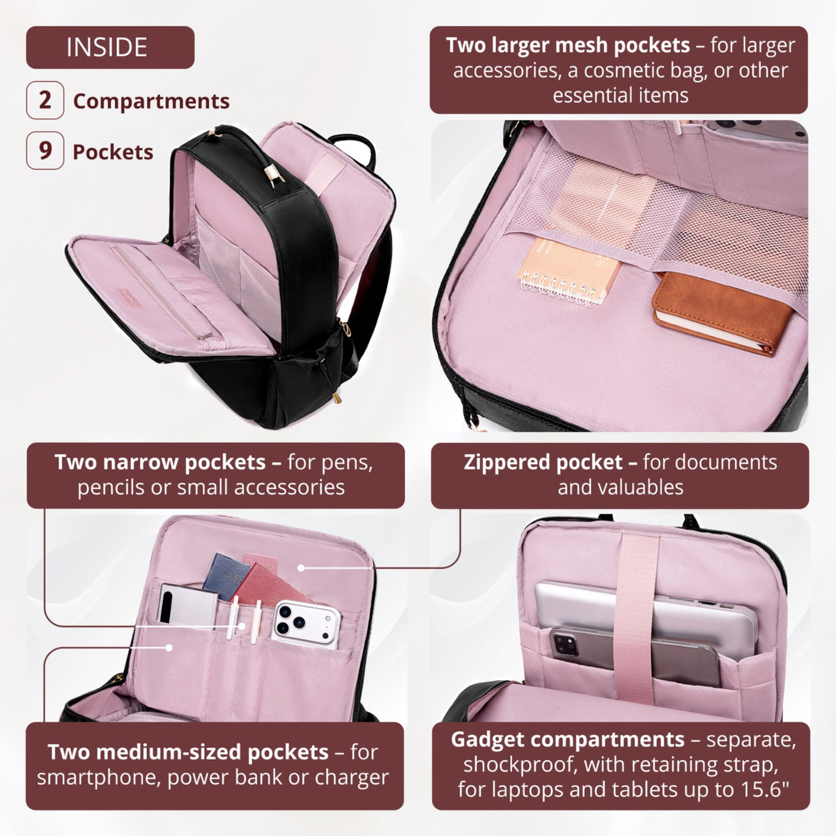 Plecak organizer damski Chantria | 2 komory, 15 kieszeni | Laptop 15.6", iPad, A4 | Pas na walizkę – Czarny
