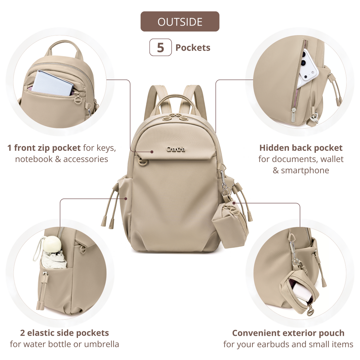 Women's Mini City Backpack Chantria Small & Lightweight | For Going Out & Walks | Fits iPad Phone & Cosmetics | With Keychain Pouch – Beige